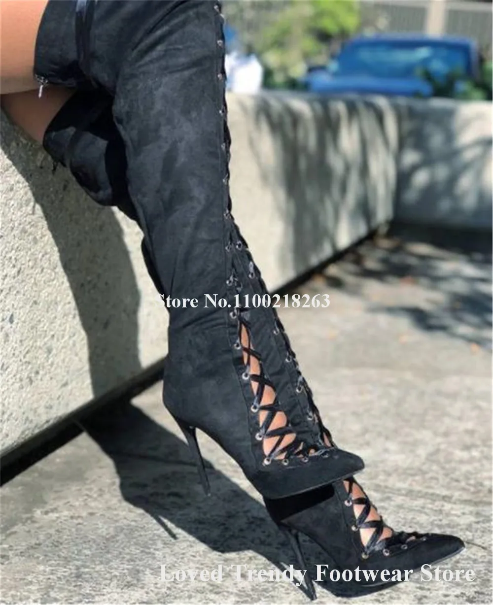 Fashion Blue Black Cut-out Stiletto Heel Over Knee Gladiator Boots Pointed Toe Lace-up Slim Thin Heel Long Boots Big Size