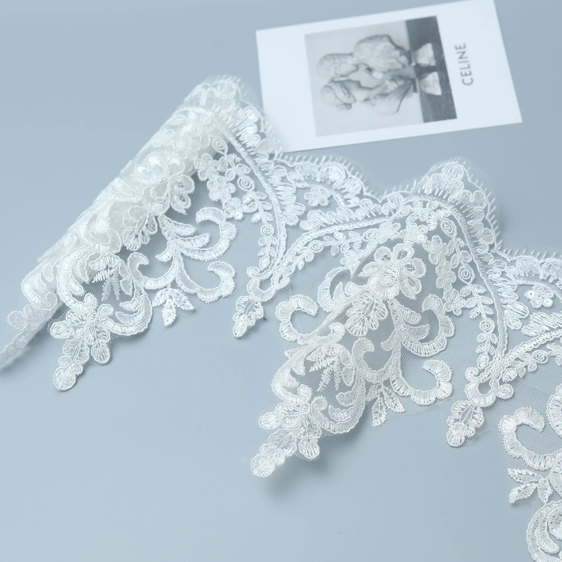 2 Yards 21cm wide Ivory  Cording Fabric Flower Venise Venice Mesh Lace Trim Applique Sewing Craft for Wedding Dec.