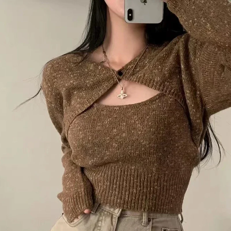 

Female Fashionable South Korea Chic Autumn Sexy Gyaru Slim Fit Slimming Cami + One Button Long Sleeve Knitted Shawl Top Z20