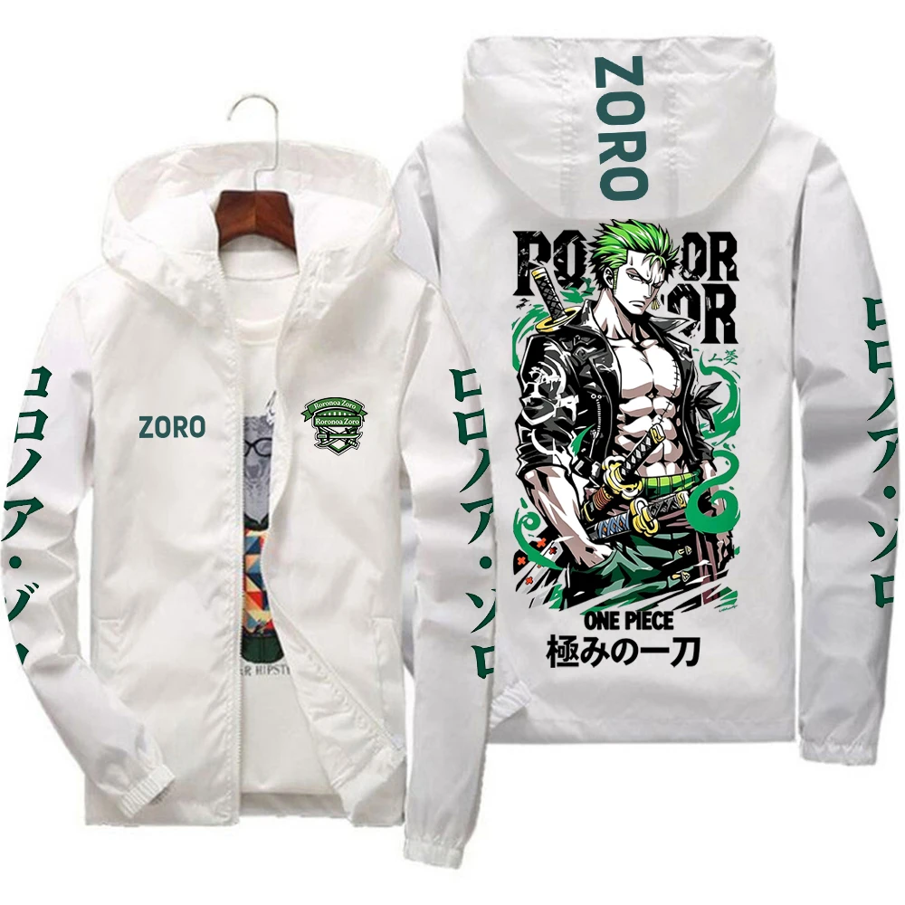 Anime One Piece Roronoa Zoro Hooded Windbreaker Men Zip Up Light Thin Jacket ZORO Graphic Print Casual Outdoor Sports Coat Stree