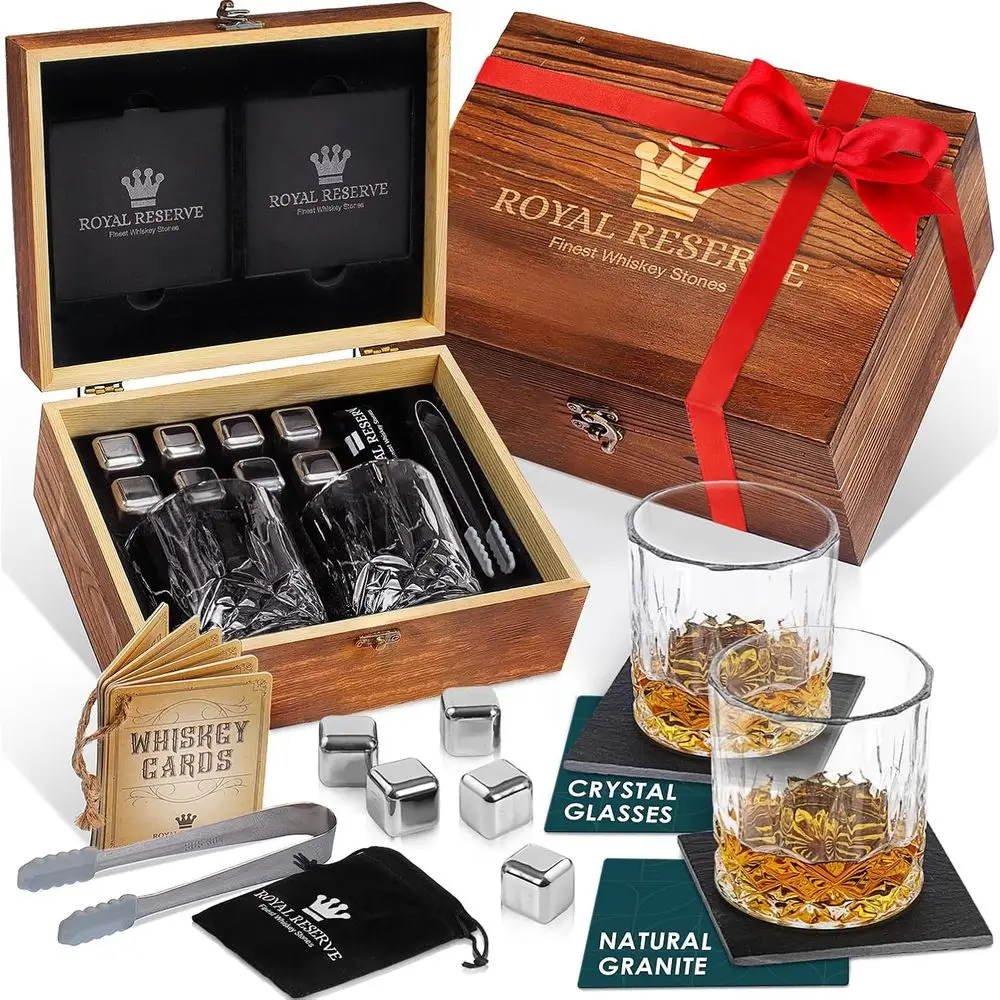 

Whiskey Accessory Set: Glasses, Cooling Stones, Coasters, Tongs - Premium Gift for Whiskey Lovers