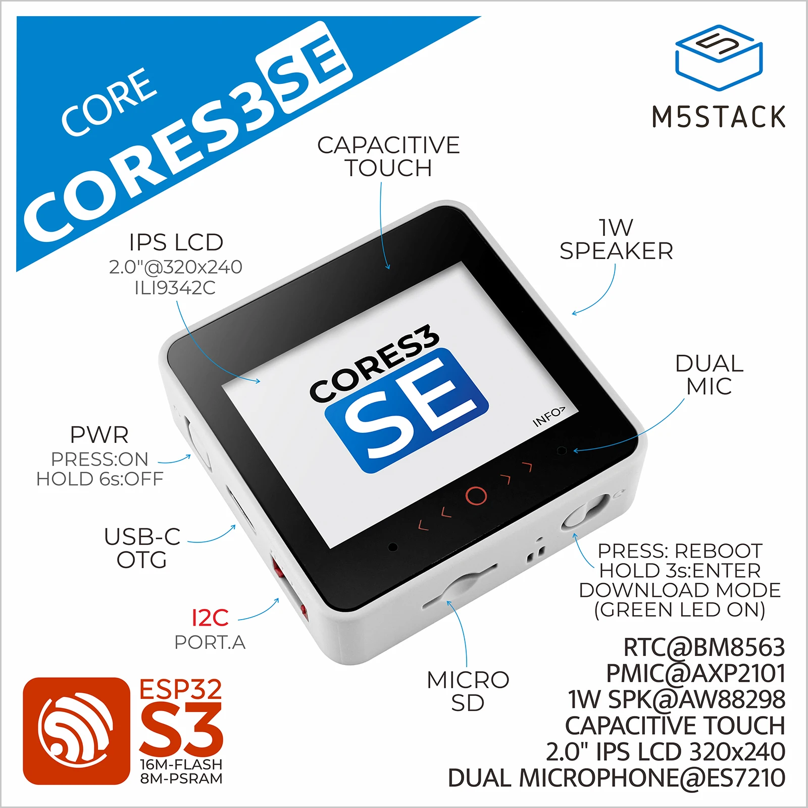 M5Stack Official CoreS3 SE IoT Controller Without Battery Bottom ESP32 Development Kit