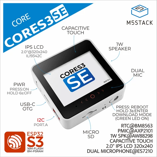 Controlador oficial M5Stack CoreS3 SE IoT sin kit de desarrollo ESP32 D inferior de batería