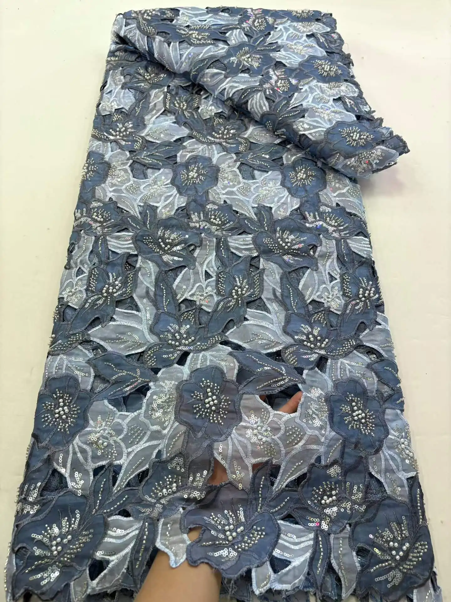 2026 African Guipure Cord Lace Fabric Beads Sequins 5 Yards Colorful Latest Nigerian Water Soluble Lace for Women Party Dresses