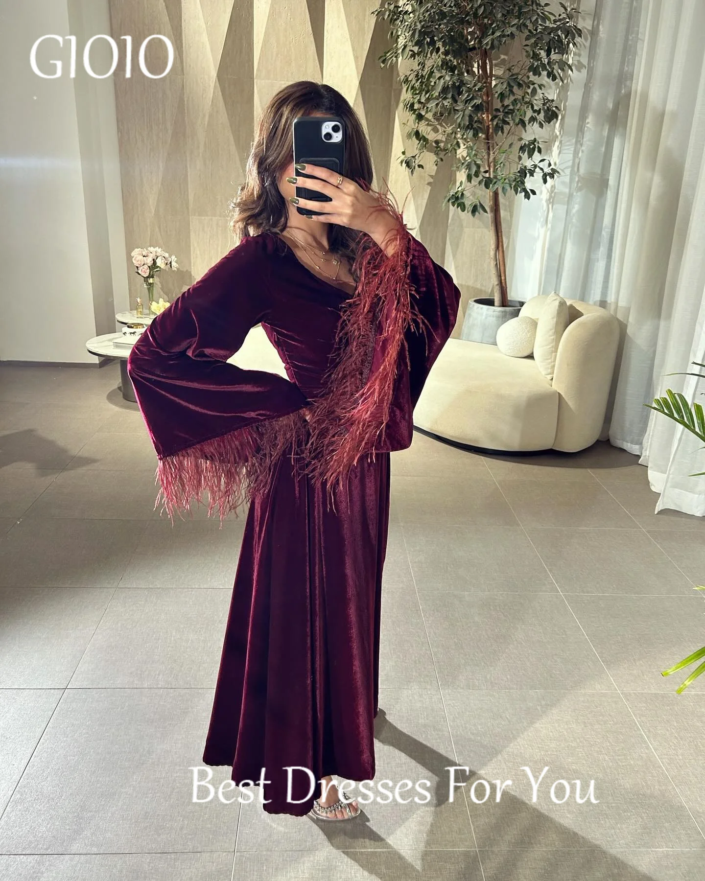 GIOIO V-Neck Luxury Garden Evening Dresses Feathers Red Long Sleeves Formal Birthday Floor Length Elegant Prom Gown Party Women