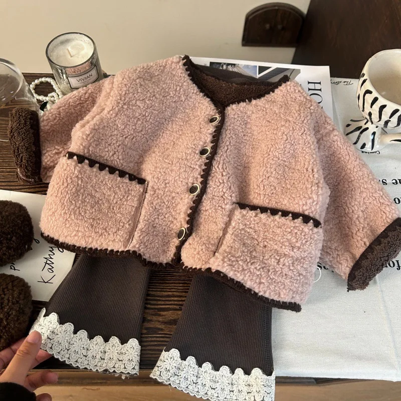 

Toddler Girl Winter Two Piece Suit Single Button Closure Infant Baby Girl Thicken Warm Woolen Jacket+lace Kids Girls Flared Pant