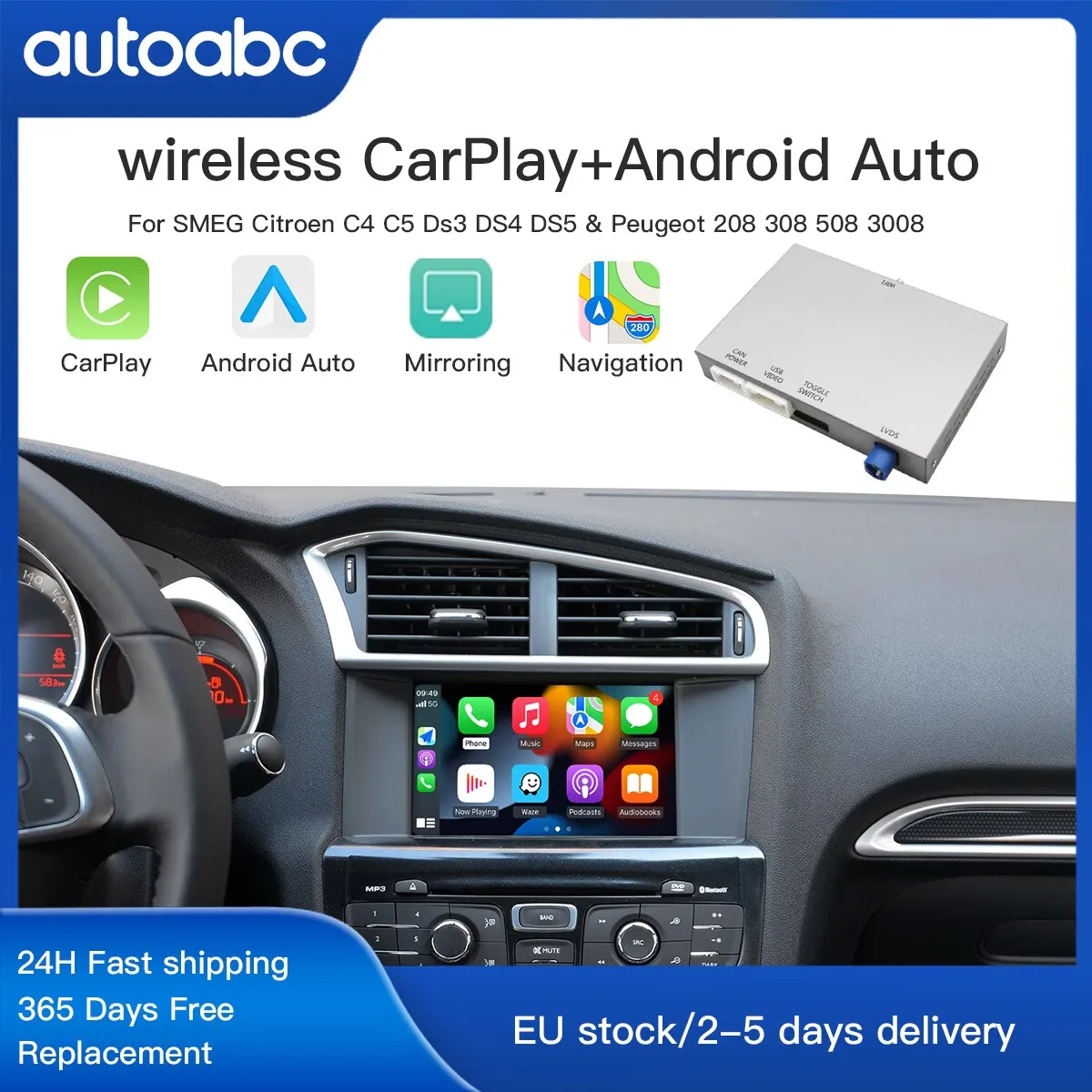 AUTOABC Wireless Carplay and Android Auto module for Peugeot 208 308 508 3008 C4 DS3 DS4 DS5 SMEG system Airplay Mirror Link