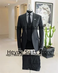 British Style Stripe Black Business Men Suits Slim Fit Peak Lapel Groom Tuxedos 3 Pcs Sets Office Work Male Blazers Ropa Hombre