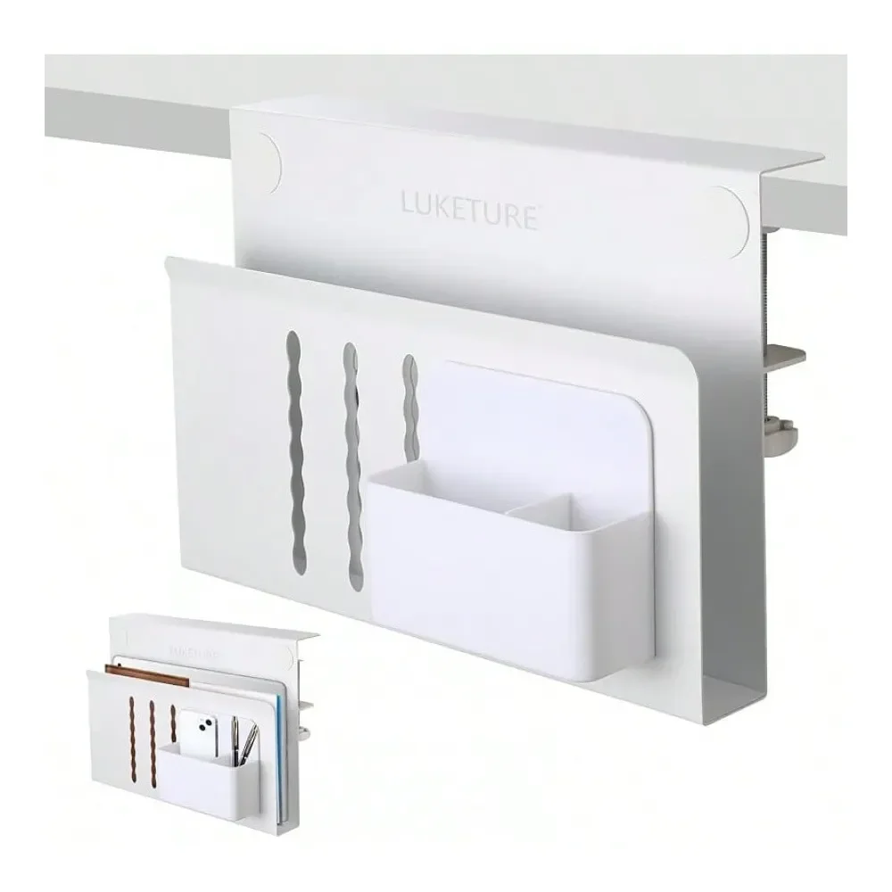 

Desk Side Storage, Steel Side Desk Organizer, No Drill Laptop Holder, Clamp On Laptop Mount With Pen Holder, Table Hanging Stor