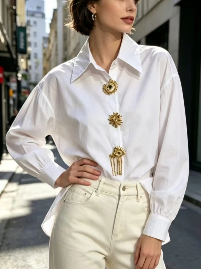 Autumn Spring Detachable Sequin Shirts Blouses for Women Long Sleeve Single Breasted Top Office Lady Elegant Shirt Woman Clothes