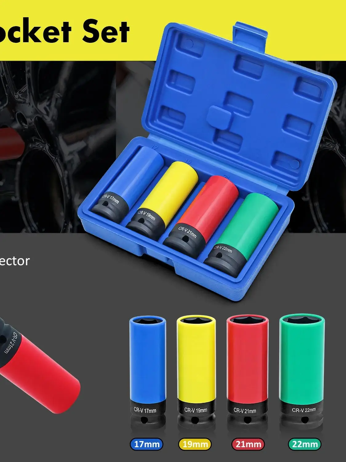 1/2" Drive Lug Nut Socket Set Drive Wheel Socket Auto Repair Protector Impact Sleeve Set 15mm, 17mm, 19mm, 21mm en 22mm - afbeelding 2