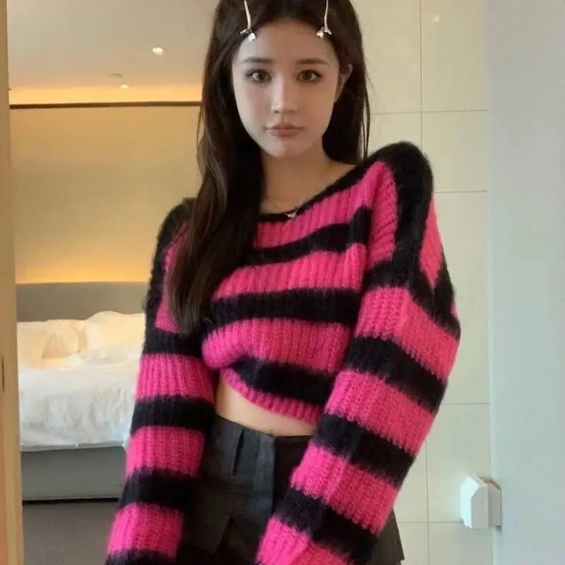 

TCMYCXJK 2024 Striped Lazy Style Sweater Women's Early Autumn Short Top Thin Style Pullover Long Sleeved Knitted Sweater Women