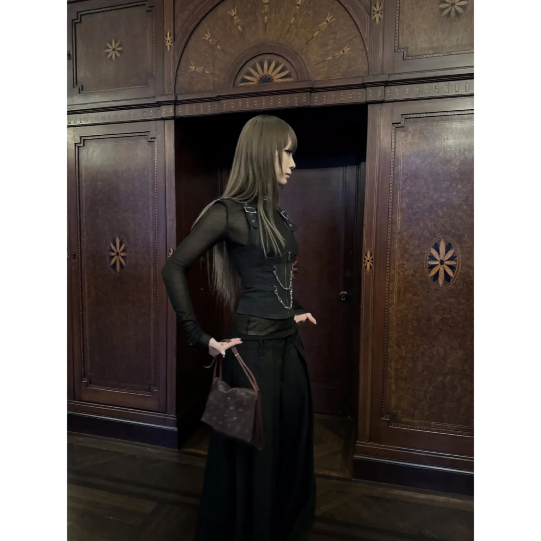 القوطية الأسود Y2k المحاصيل القمم المرأة قصيرة الأكمام Bodycon تي شيرت أبلى 2 قطعة مجموعات الملابس خمر Harajuku ثقافة فرعية تيز #5