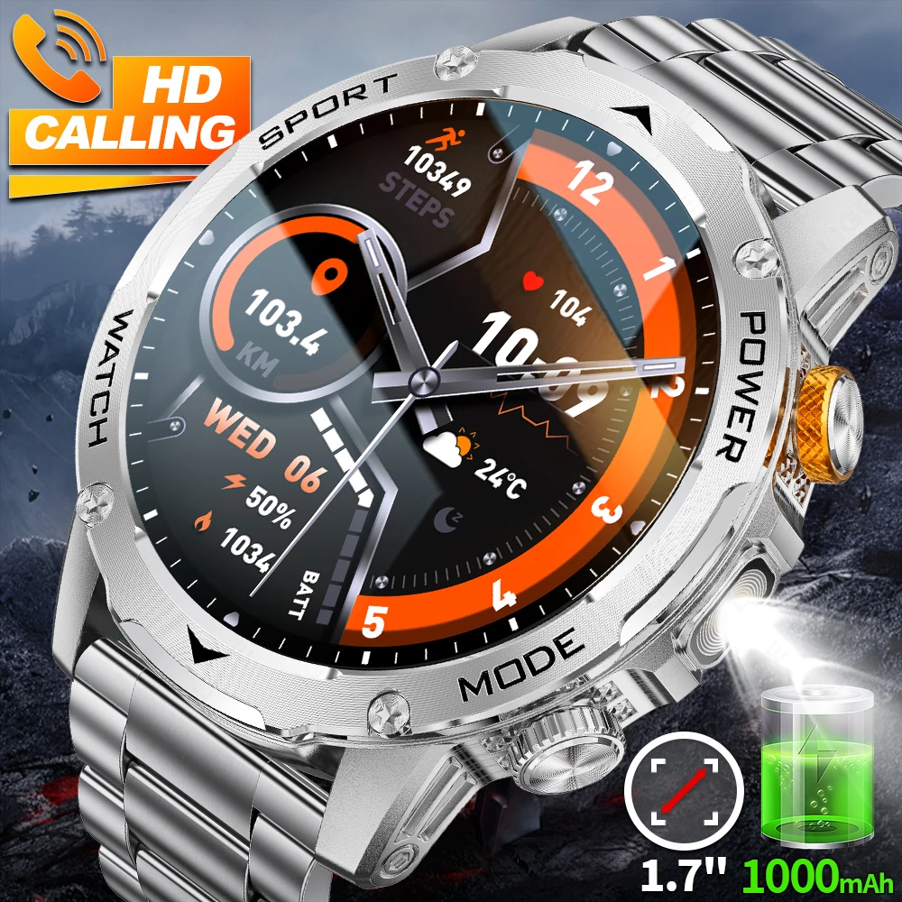 

Военные смарт-часы 2026 для мужчин, аккумулятор 1000 мАч, для активного отдыха, с LED-фонариком, водонепроницаемые, с измерением пульса, спортивные, с функцией звонков по Bluetooth, AMOLED-экран 1.7 дюйма