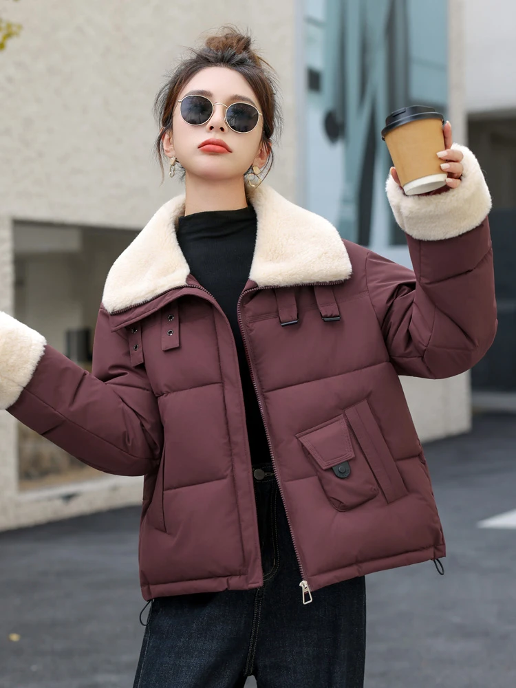 เสื้อโค้ทผู้หญิงสำหรับฤดูหนาว แบบหนาบุใยสังเคราะห์ สีพื้น ปกเสื้อแบบปกเชิ้ต ติดซิป  สำหรับสุภาพสตรี