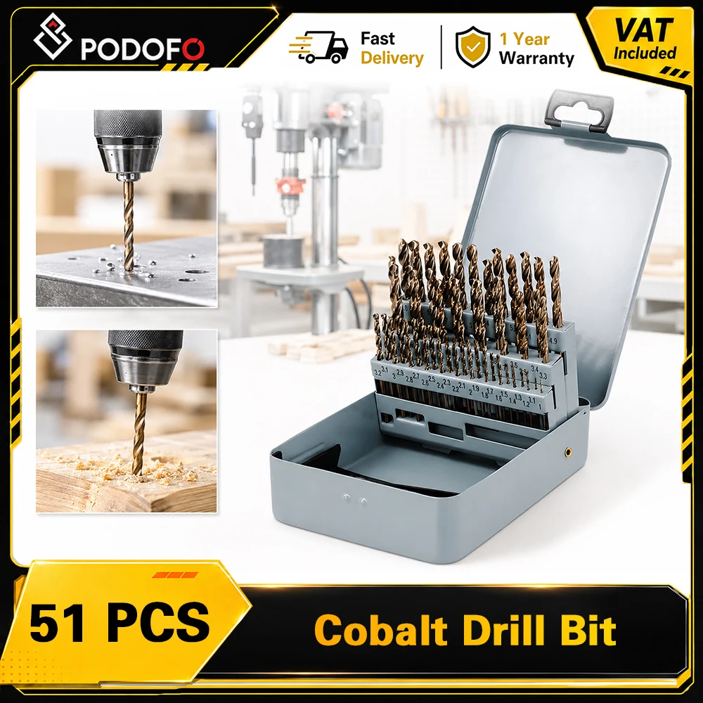Podofo 51-teiliges M35-Kobalt-Spiralbohrer-Set, hochharte HSS-Co-Spiralbohrer mit geteiltem Spitzendesign und geradem Schaft zum Bohren in Metall, selbstzentrierendes Bohrer-Set zum Bohren in