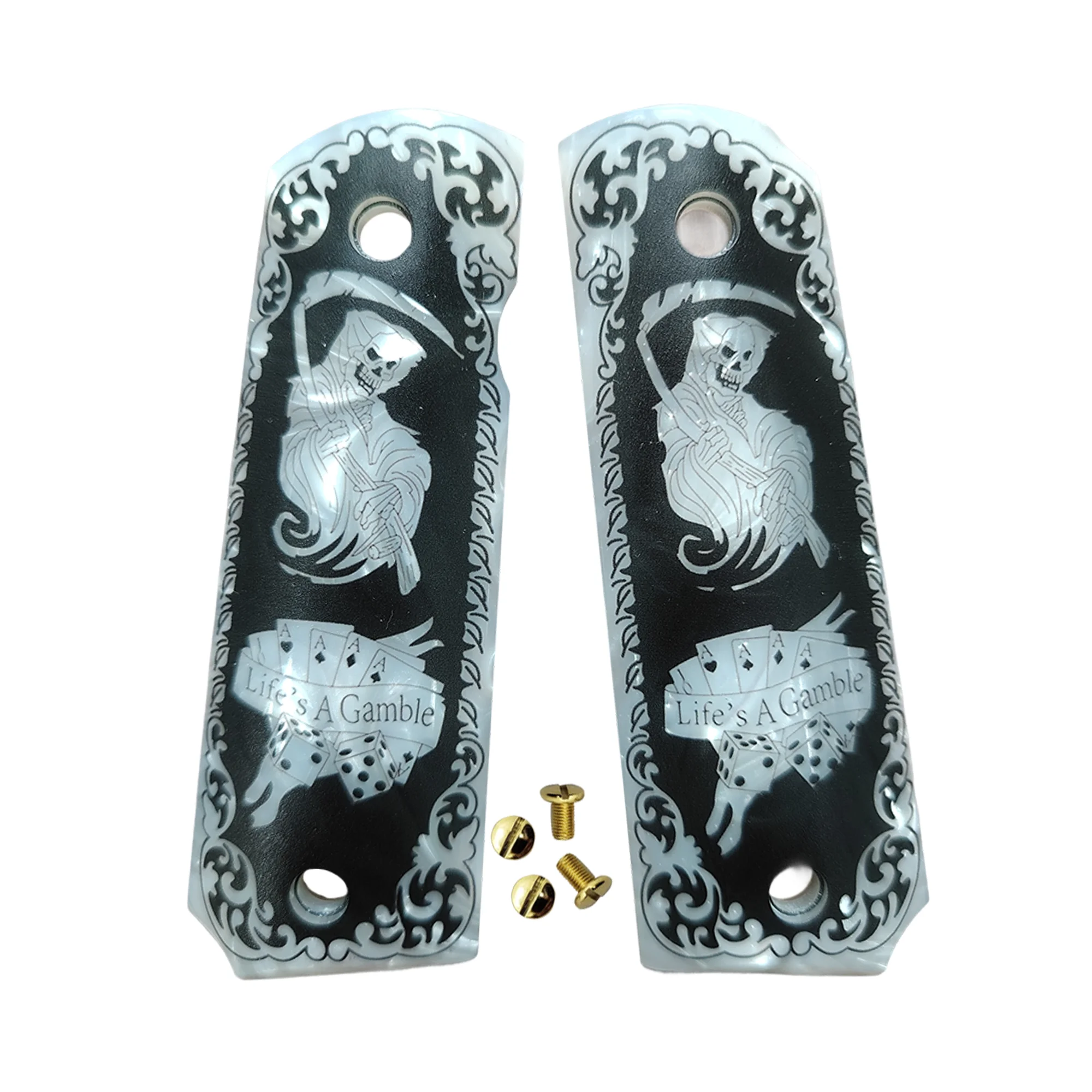 1911 그립스 풀 사이즈, 화이트 펄, 그림 리퍼(사신) 디자인, 콜트, 킴버, 스프링필드, 레밍턴, 록 아일랜드, 거버먼트 커맨더 호환