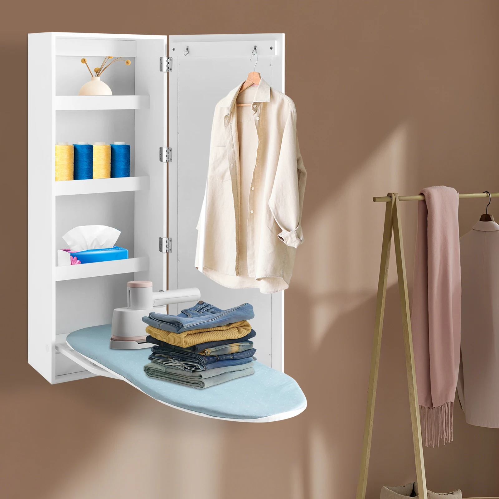 

180° Swivel Wall-Mounted Ironing Board Cabinet with Mirror & Foldable Storage for Space-Saving Homes