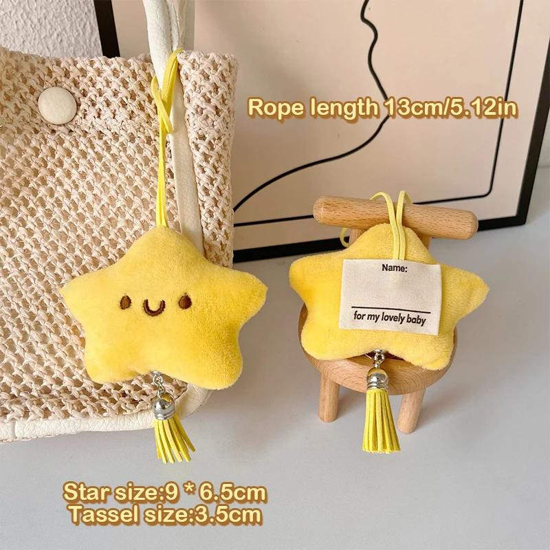 Pendentif étoile grinçante en peluche avec étiquette de nom, porte-clés en peluche, breloques de sac d'école, jouet en peluche étoile de dessin animé pour enfants, cadeaux mignons