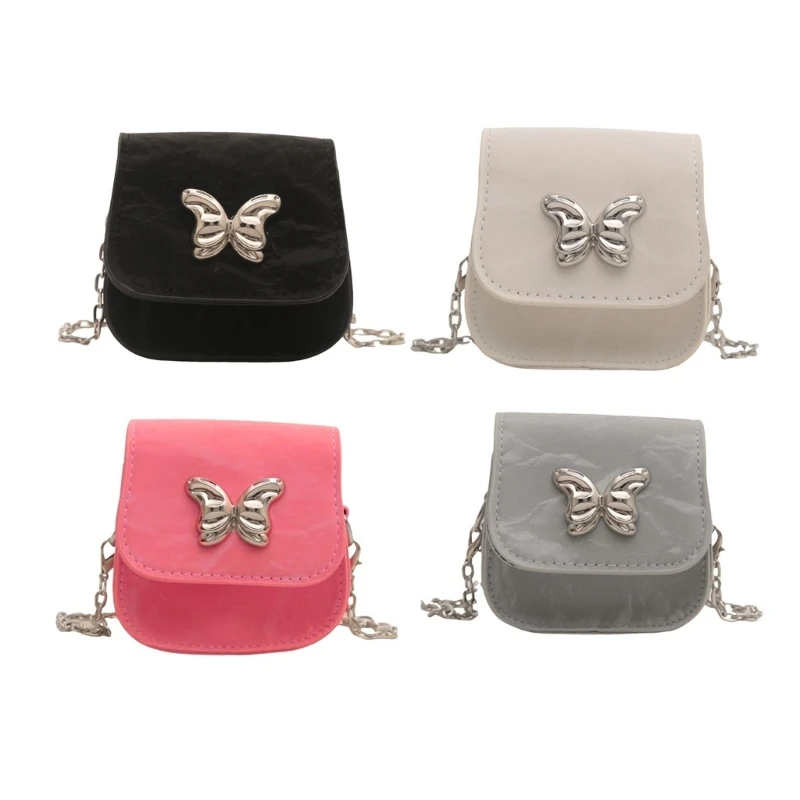 Stylish Teen Small Shoulder Bag Metallic Butterfly Ornament Chain Strap Compact PU Leather Crossbody Purse for Women