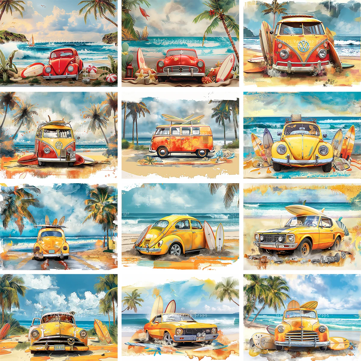 Summer Beachside Car Surfboard Backdrops Kids Baby Birthday Cake Smash Photocall Decors Child Adult Photo Palm Trees Backgrounds