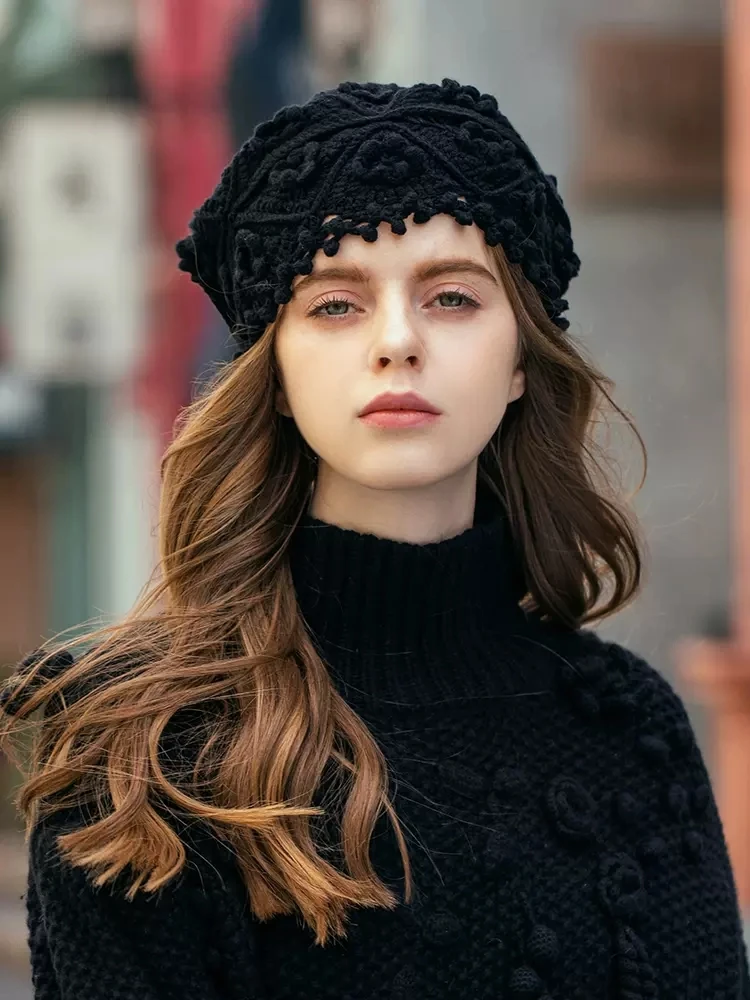 Crochet Fringe Beret Women Autumn and Winter French British Vintage Cashmere Knitted Hat Beautiful Handmade Cashmere Hat