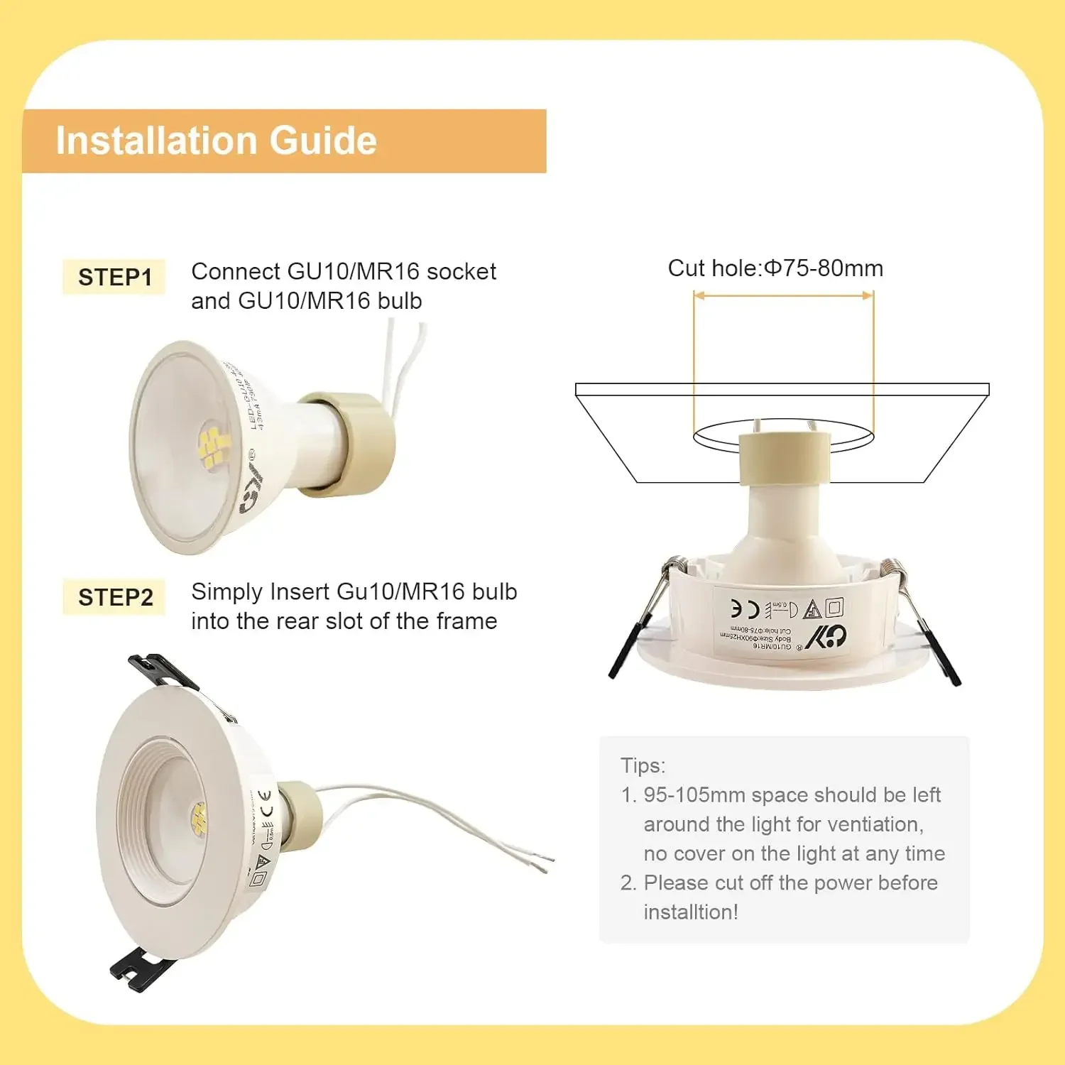 Frame for Recessed Ceiling Light with GU10 Lamp Holder Downlight Fitting for Spotlight Bulb