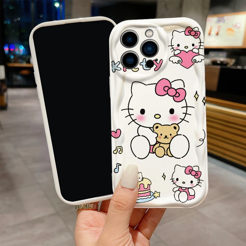 Pink Cartoon Hello Kitty For Apple iPhone 15 14 13 12 11 XS XR X Pro Max Plus Wave Oil TPU Phone Case