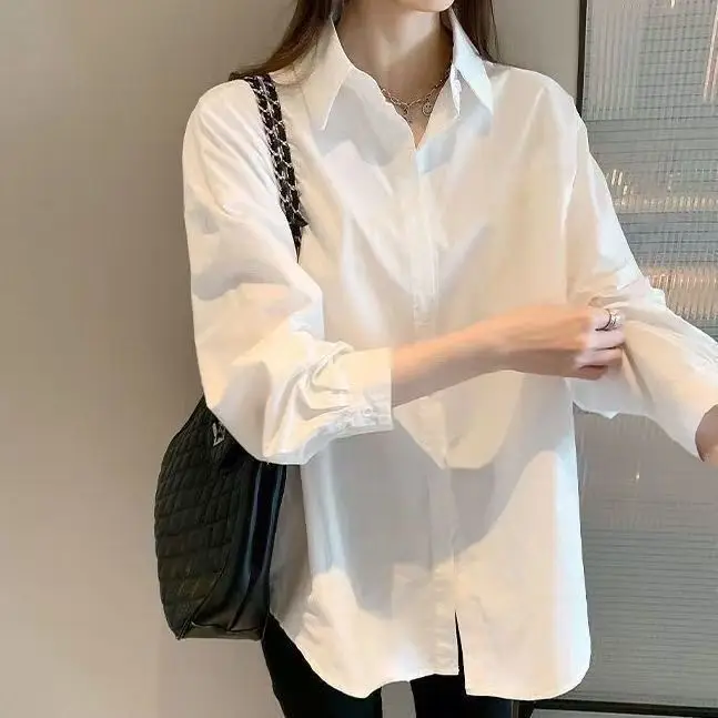 

ФутболкиBLOUSES, новое пальто с длинными рукавами, универсальная белая рубашка, свободная студенческая рубашка в корейском стиле, топ в стиле Харадзюку в гонконгском стиле