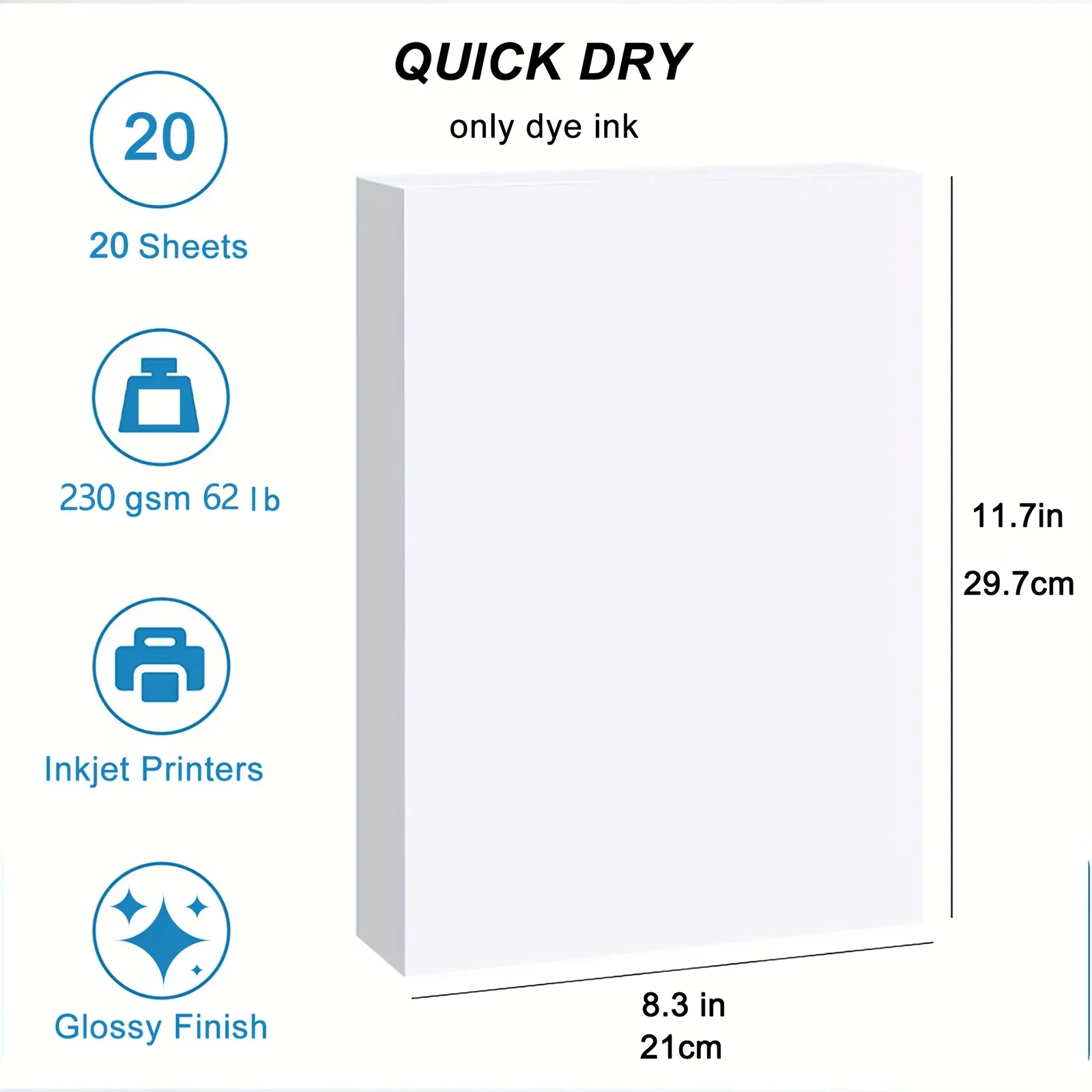 20 ورقة 230Gsm 62Ib مقاس A4 (8.3 × 11.7 بوصة) ورق صور عالي اللمعان للطابعة النافثة للحبر