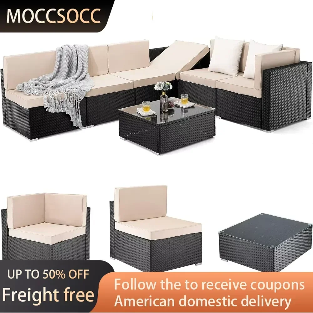 

7 Pieces Outdoor Sectional Furniture Relax Chair Beach Wicker Patio Sectional Furniture Sets Living Room Armchairs Wooden Chairs