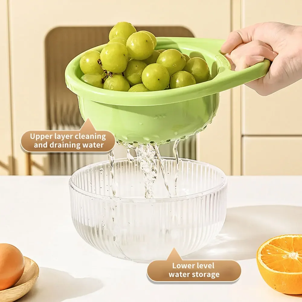 Double-Layer Fruit Drain Basket Vegetable Washing Bowl Handle Cleaning Colander Home Living Room Creative Kitchen Gadgets