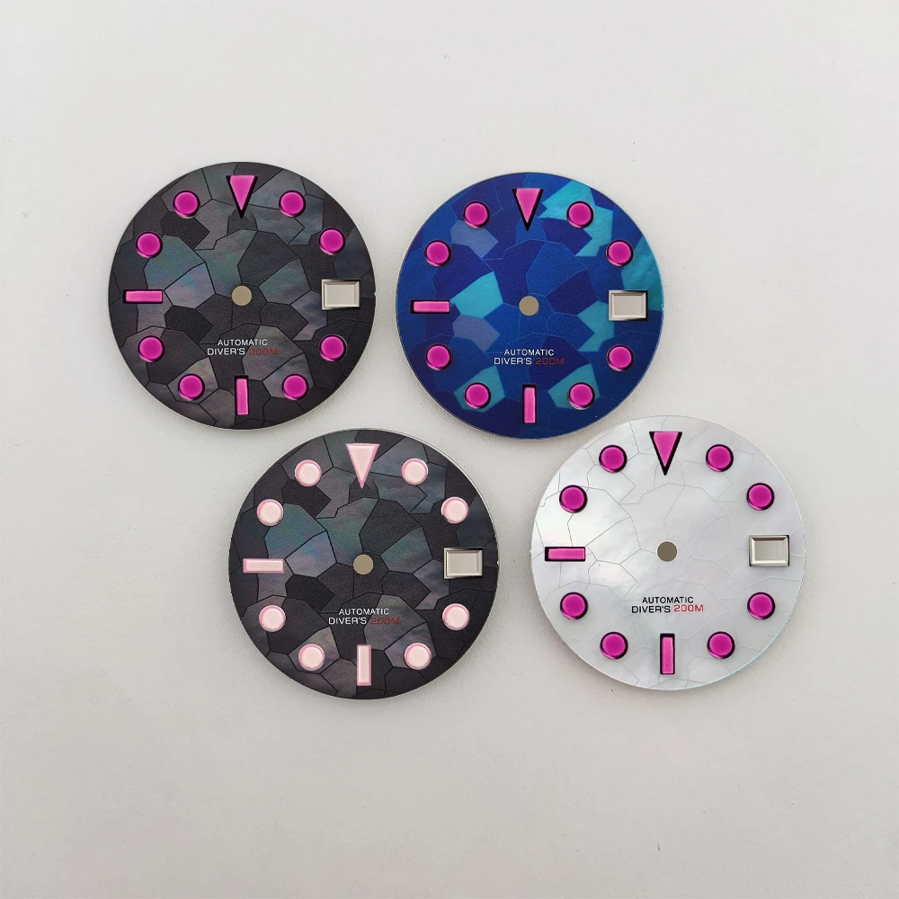 28.5mm Mother of pearl dial suitable for NH35 NH36 automatic movement 3date window pink index watch customized replacement dial