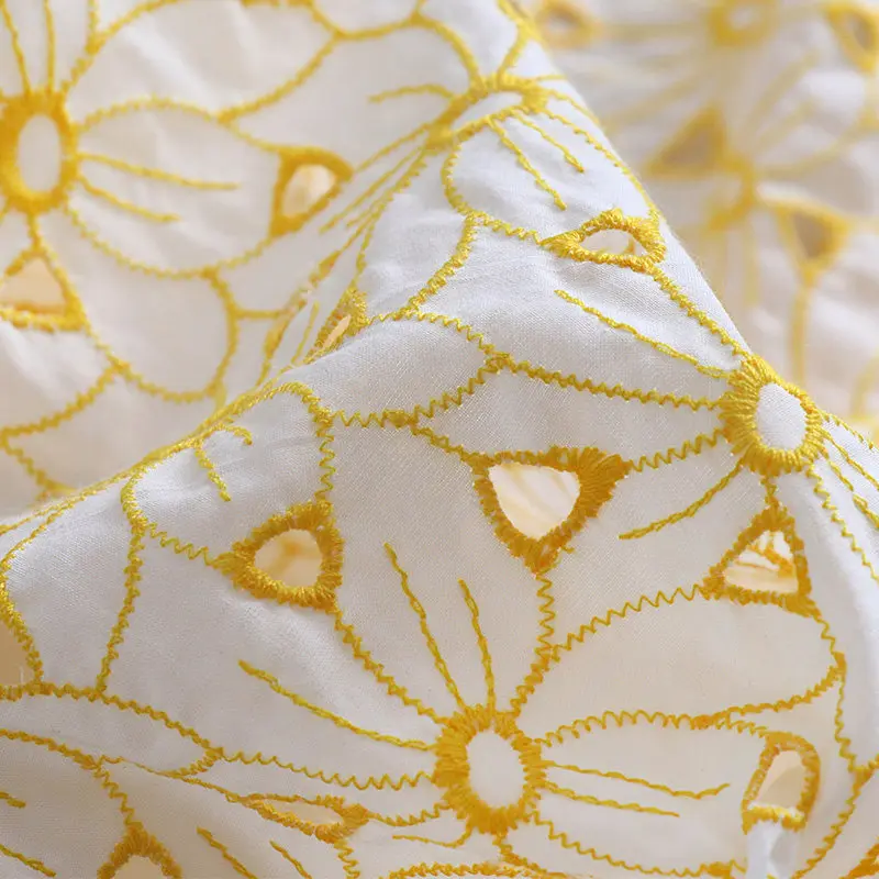 100% Cotton Embroidered Eyelet Lace Fabric Yellow Hollow Out Floral Soft Summer Lightweight Breathable Dress Custom DIY Sewing view 3