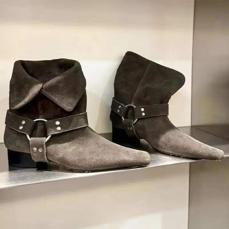 الكاحل الأحذية النسائية موضة منتصف الكعب أحذية جديدة الجلد المدبوغ مصمم أحذية الشتاء امرأة 2025 أشار تو فستان Mujer تشيلسي بوتاس #2