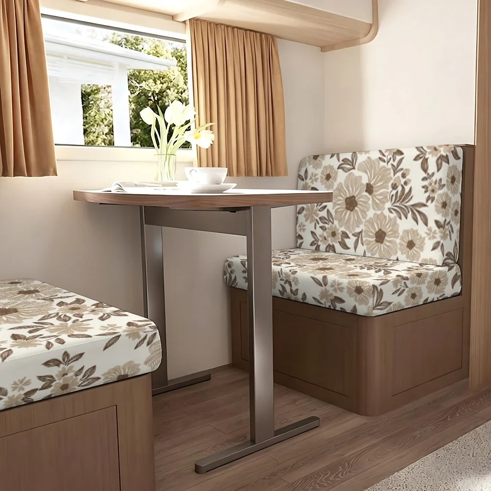 2pcs Midi Retro Brown Tone Line-Drawn Floral Pattern Elastic Campervan Sofa Cover, Suitable for Decoration of Camping Vehicles