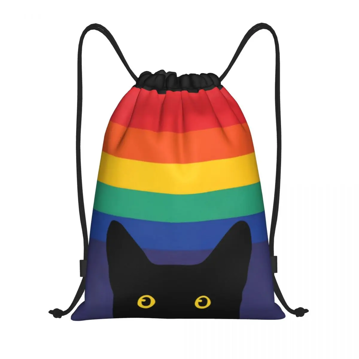 Custom Peeking Cat In Rainbow Circle Drawstring Bags for Training Yoga Backpacks Men Women LGBT Gay Pride Sports Gym Sackpack