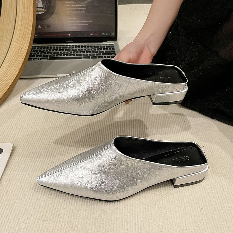 

Spring 2025 Korean Style Low Heel Flat Bottom Pointed Toe Women's Outdoor Wear Mule Slippers Soft Rubber Sole Comfortable