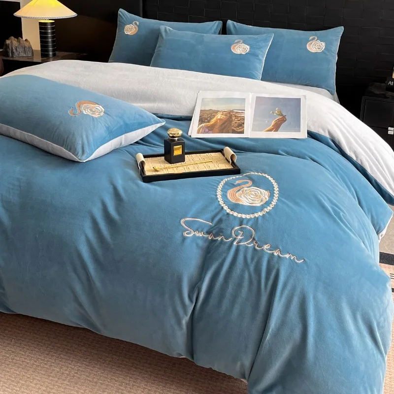Solid color crystal fleece embroidery four-piece set winter milk fleece thickened warm coral fleece three-piece set