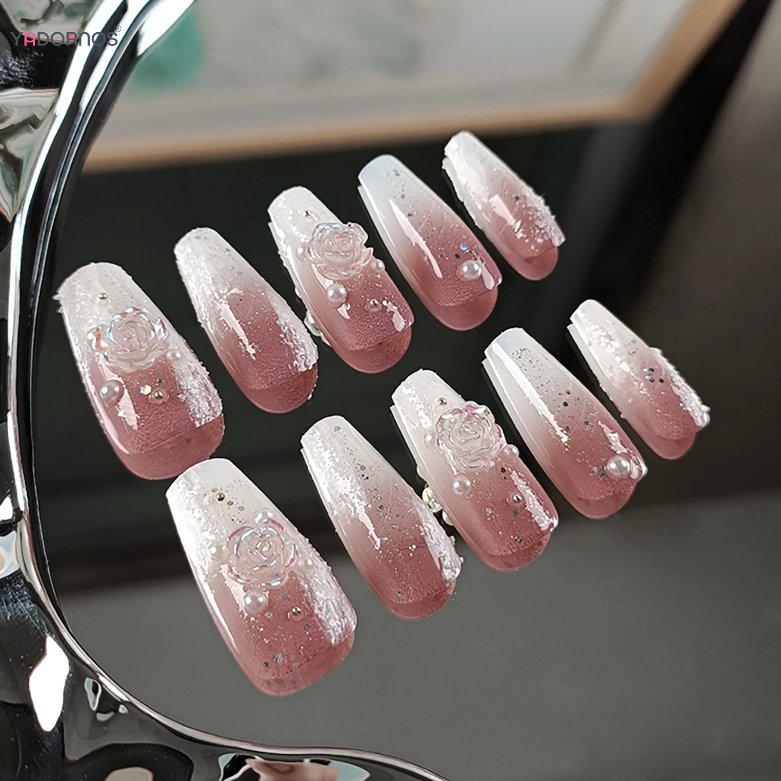 Unhas postiças rosa conjunto com desenhos de camélia e pérolas, feitos à mão, pressione, unhas, longo, balé, wearable, 10pcs