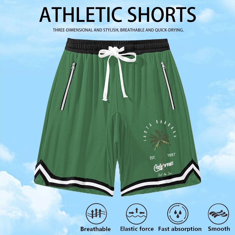 

Мужские баскетбольные шорты с карманами на молнии и полосками, стильные шорты с принтом кокосовых пальм, регулируемые шорты на шнурке, подходящие для тренировок