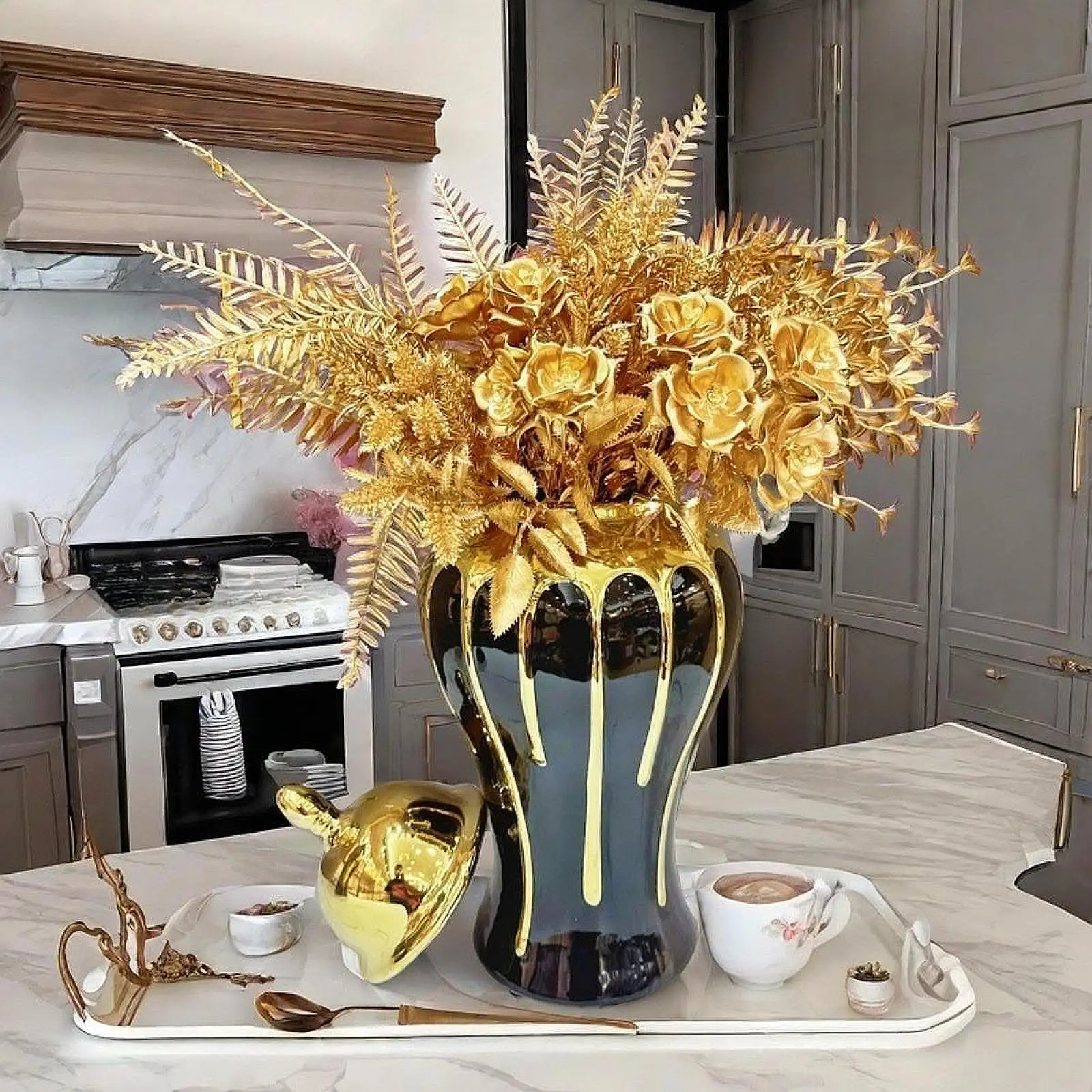 Ceramic Vase Jar Black and Gold Color Ginger Jar Handmade Collectible Desktop