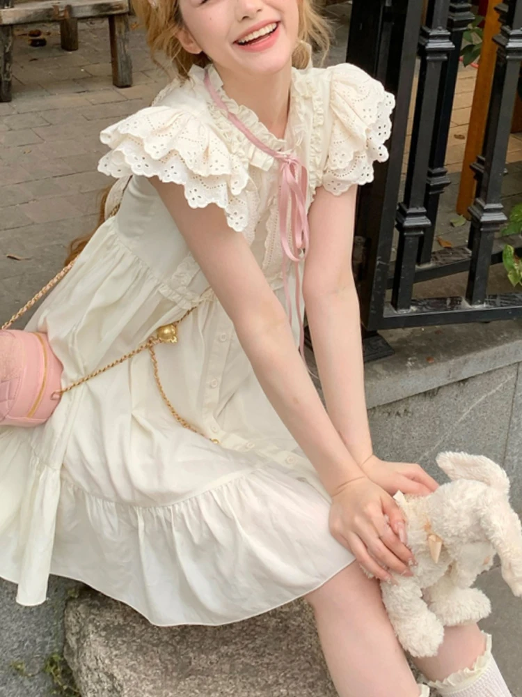 Flying Sleeve Lolita Kawaii Dress Women Ruffles Lace Japanese Sweet Mini Dress Female Dress Pure Colour Cute Fashion Dress 2023