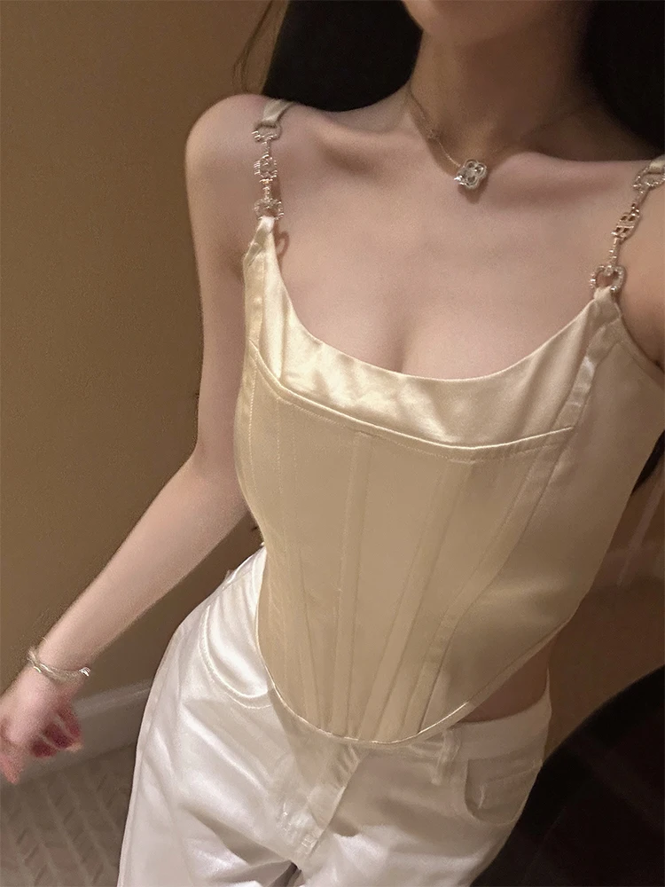 

Youenbb Pure Desire Slim Fit Sexy Thin Chain Gold Fibone Top Women's Inner Wear ort Length Polyester Blend Summer Crop Top
