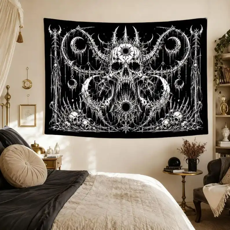 Black Metal Skull Tapestry Gothic Moon Wall Hanging Dark Fantasy Decoration Heavy Metal Bedroom Art Halloween Horror Room Gift