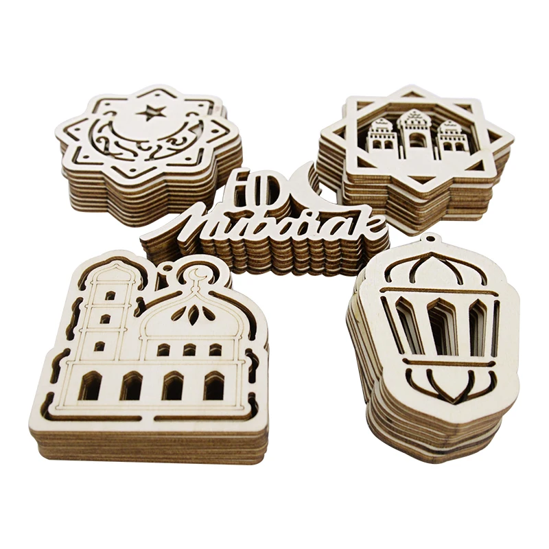 10Pcs Wooden EID Mubarak Hanging Ornament Ramadan Decoration 2024 Islamic Muslim Festival Party Supplies Wooden Mosque Pendant