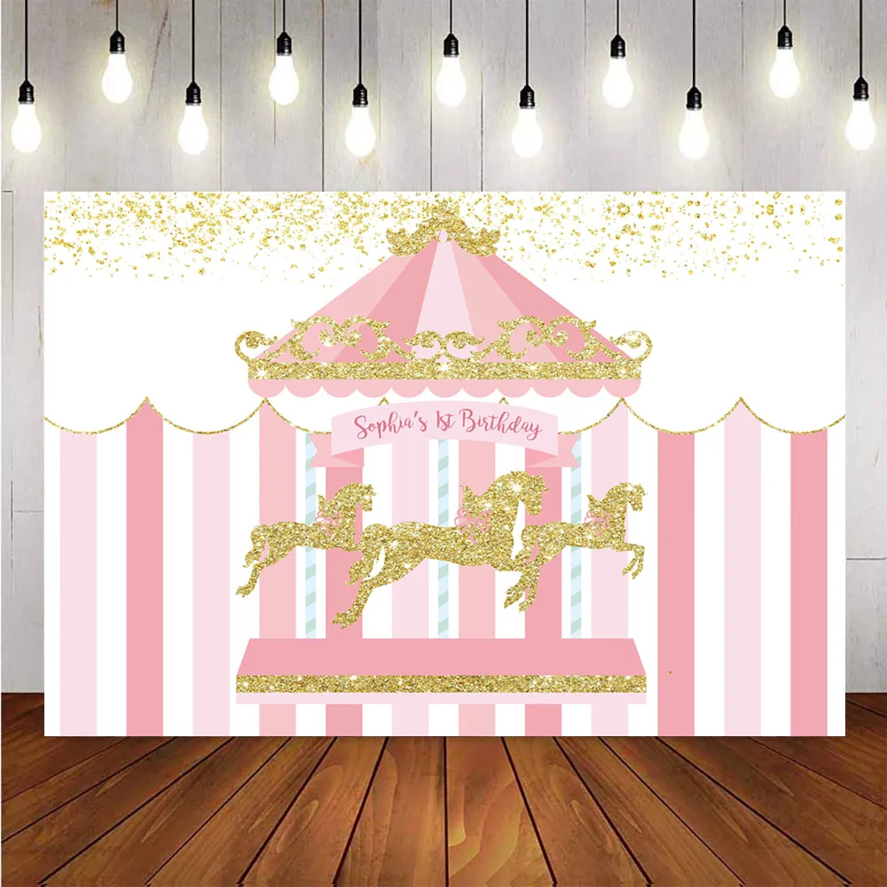 Carousel backdrop happy birthday background for photo customize newborn kids pink girls party decoration supplies glitter prop