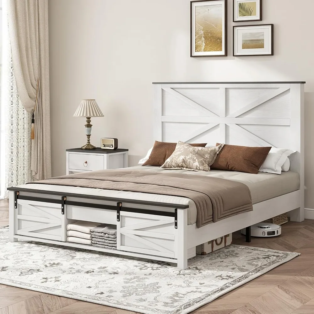 

Full Size Farmhouse Bed Frame with Sliding Barn Door Storage, Wood Platform Bed Frame with 48.6" Barn Door Headboard, Woo