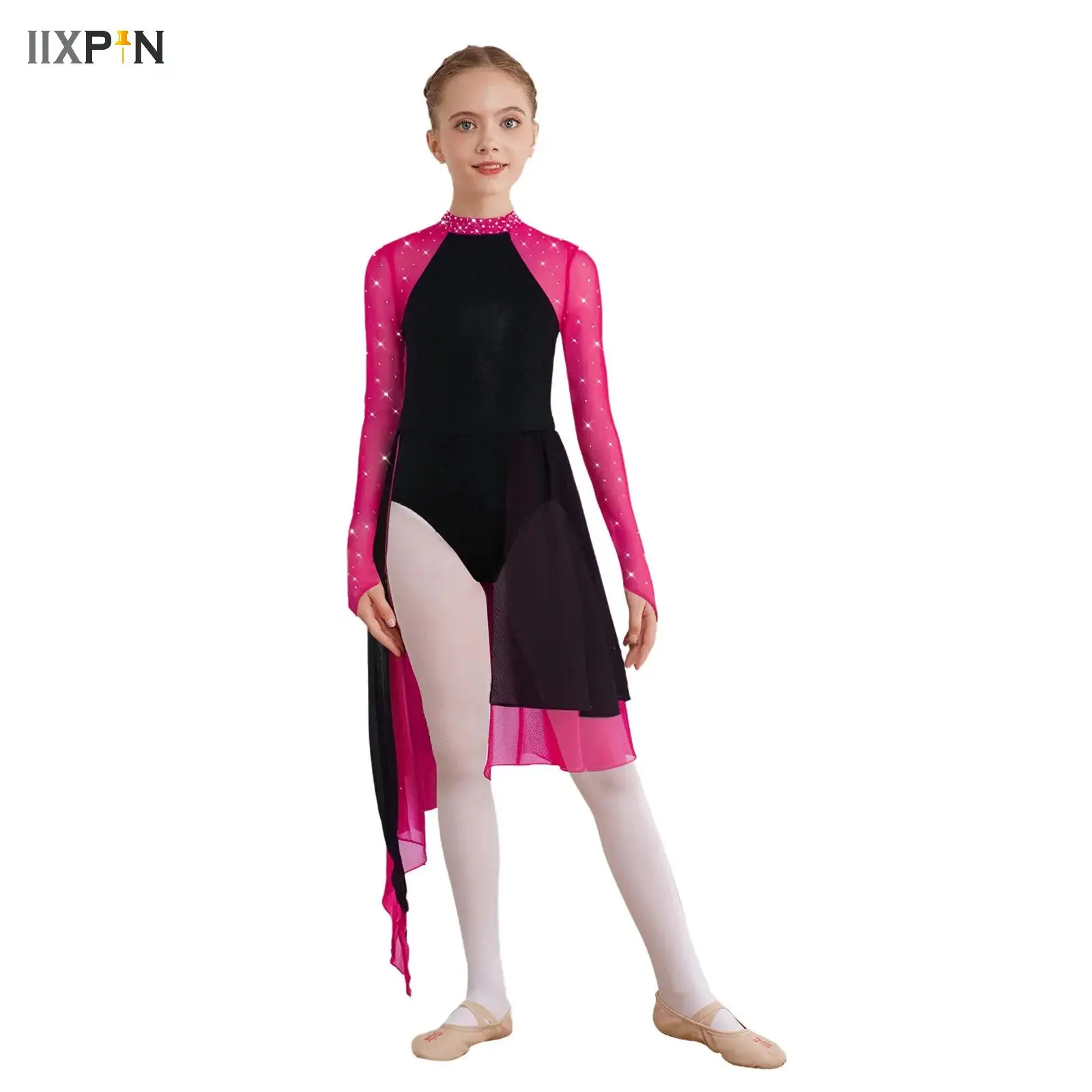 

Kids Girls Long Sleeve Lyrical Modern Dance Dress Dancewear Shiny Rhinestones Ballet Gymnastics Figure Skating Leotard Dress