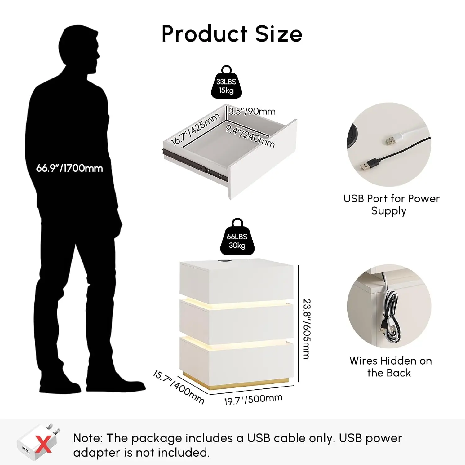 LED Nightstand Set of 2 Wireless Charging USB & Type-C White Bedside Table Storage Adjustable Light Bedroom 3-Drawer, Customized